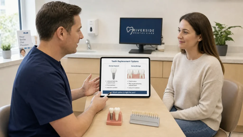 A dentist and patient review a tablet and tooth model while discussing whether an implant or bridge is the better choice.