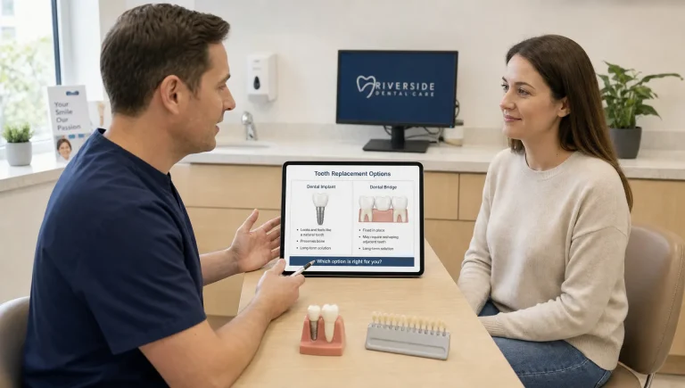 A dentist and patient review a tablet and tooth model while discussing whether an implant or bridge is the better choice.