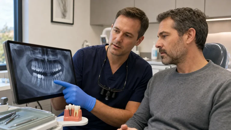 A dentist and patient review an X-ray while discussing whether a damaged tooth can be replaced the same day.