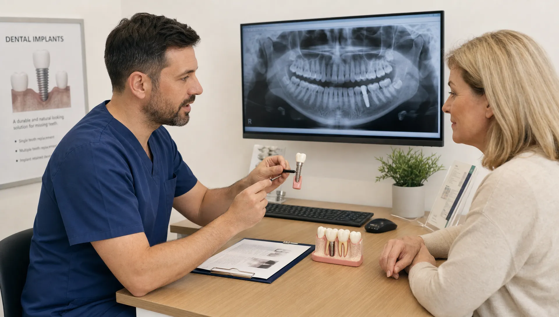 A dentist and patient review implant models, clinical notes and a dental X-ray in a calm consultation room.