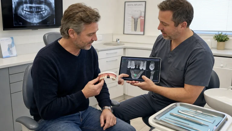 A dentist and patient review implant planning images during a cosmetic consultation for a missing tooth.