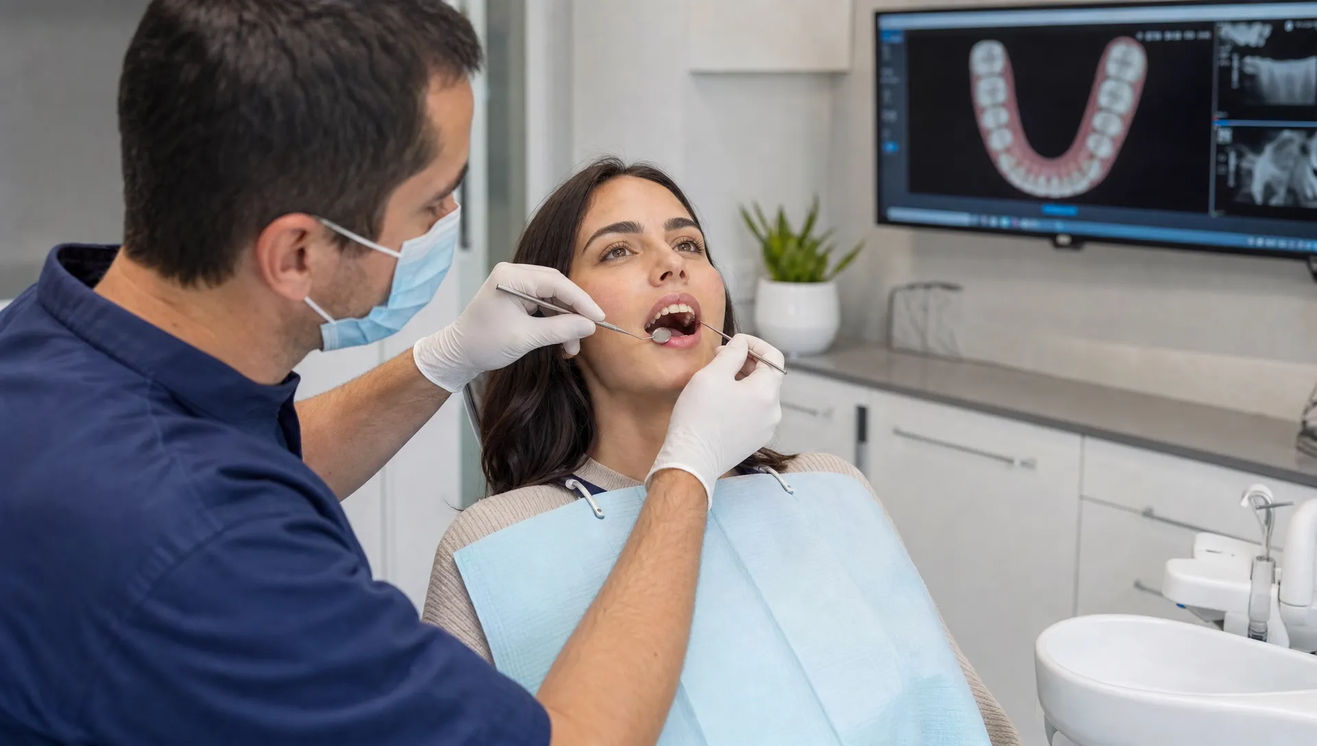 A dentist checks a patient's gums in a treatment room before planning Invisalign aligners.