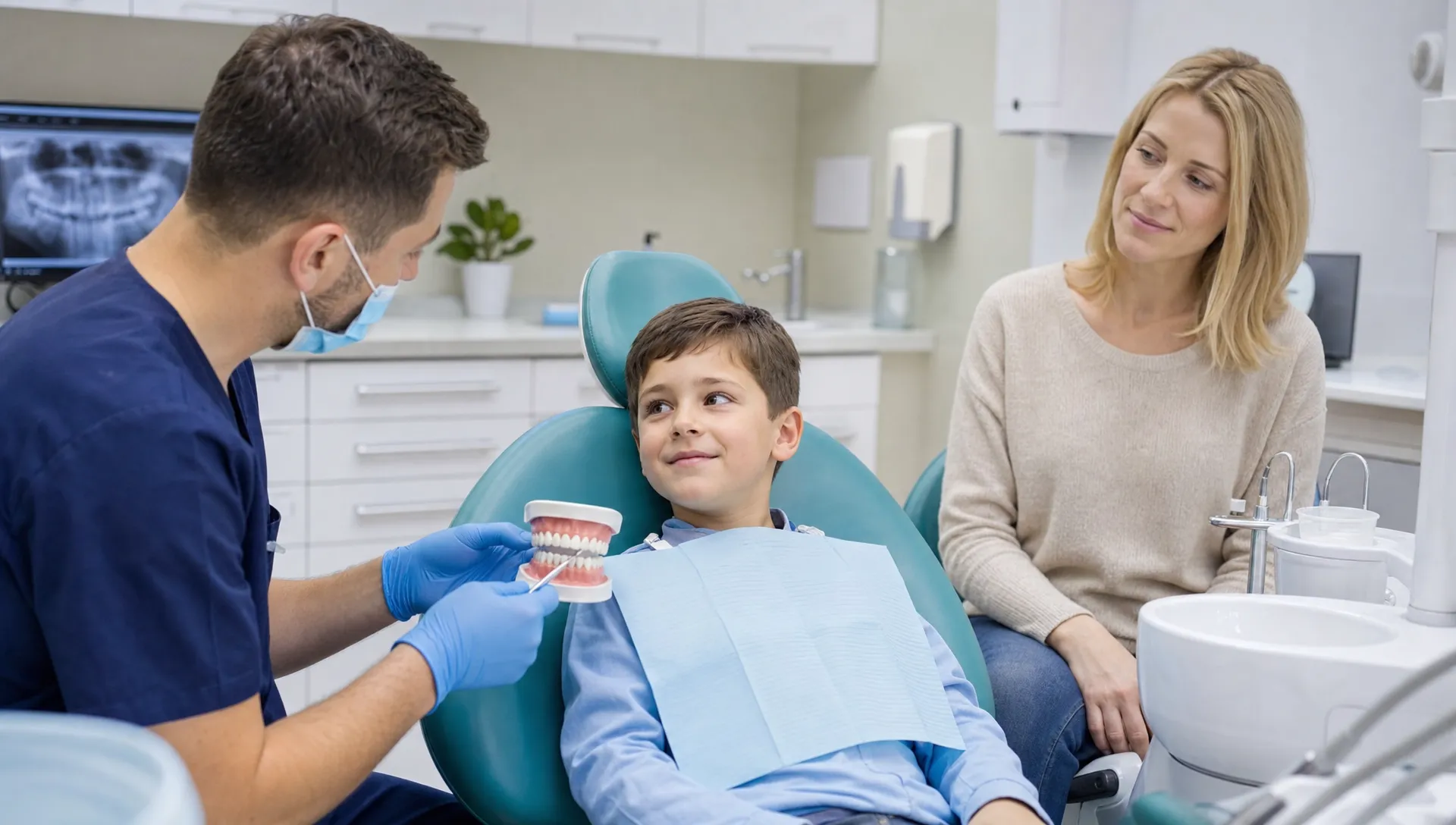 A dentist explains a check-up to a child in the chair while a parent sits nearby in a calm surgery.