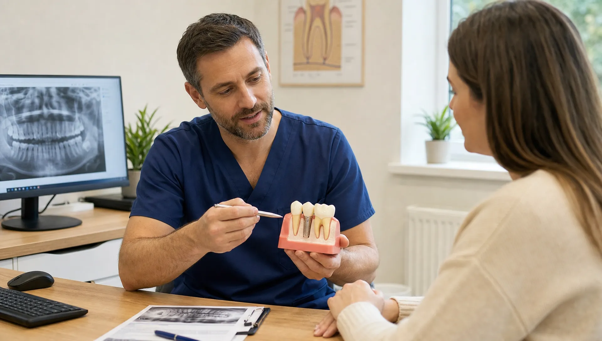 A dentist explains implant and bridge options to a patient using a tooth model in a calm consultation room.