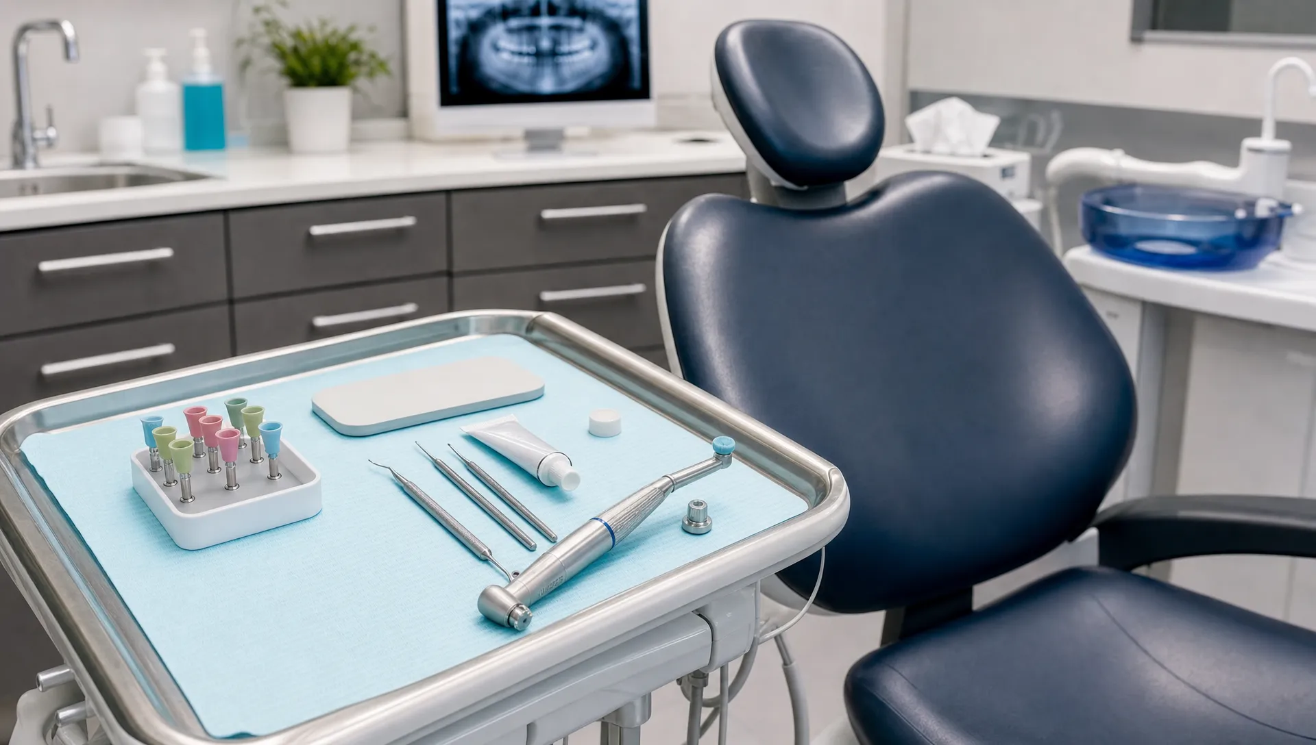 A hygienist tray with polishing tools sits beside a dental chair in a private clinic.