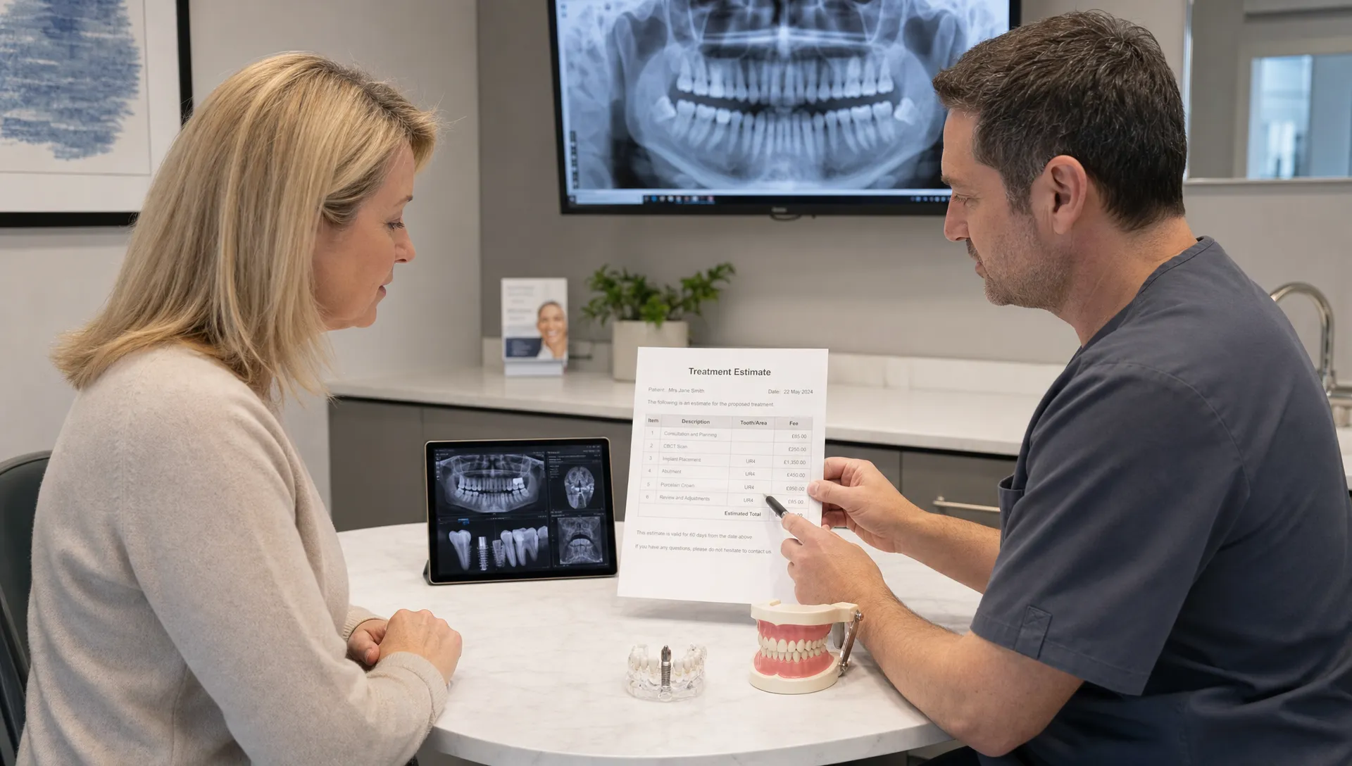 A patient and dentist review a written treatment estimate with X-rays and dental models at a consultation table.