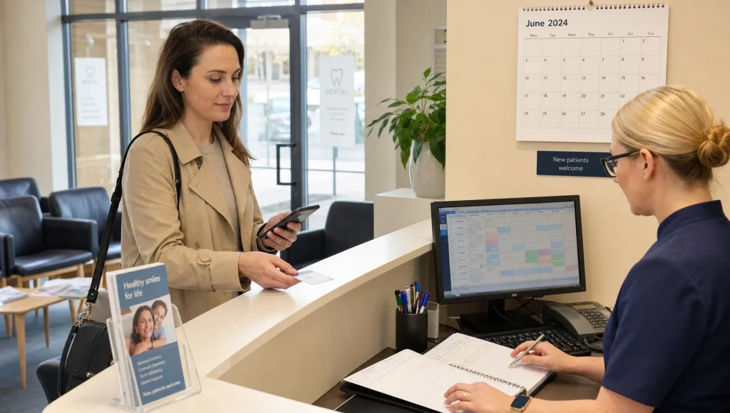 A patient books a new patient dentist appointment at the reception desk while a receptionist checks the schedule and details.
