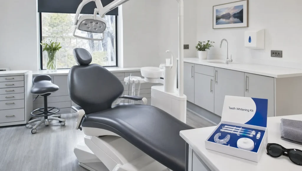 A prepared dental treatment room with whitening items ready for a teeth whitening appointment.
