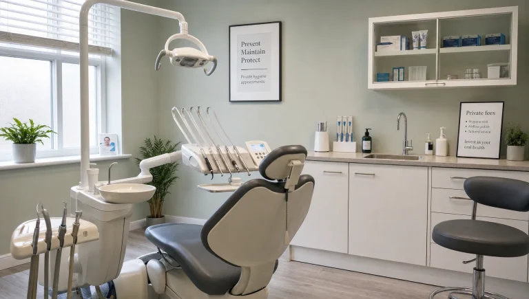 A private dental hygienist room is prepared with a chair, sink and instruments ready for a visit.