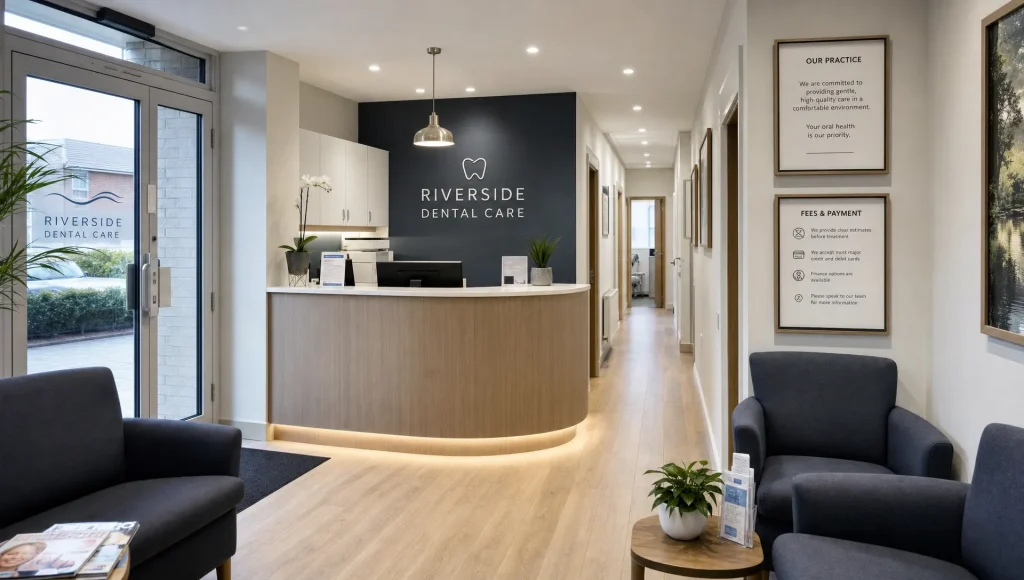 A quiet private dental practice reception shows the place where patients can ask about fees and treatment plans.