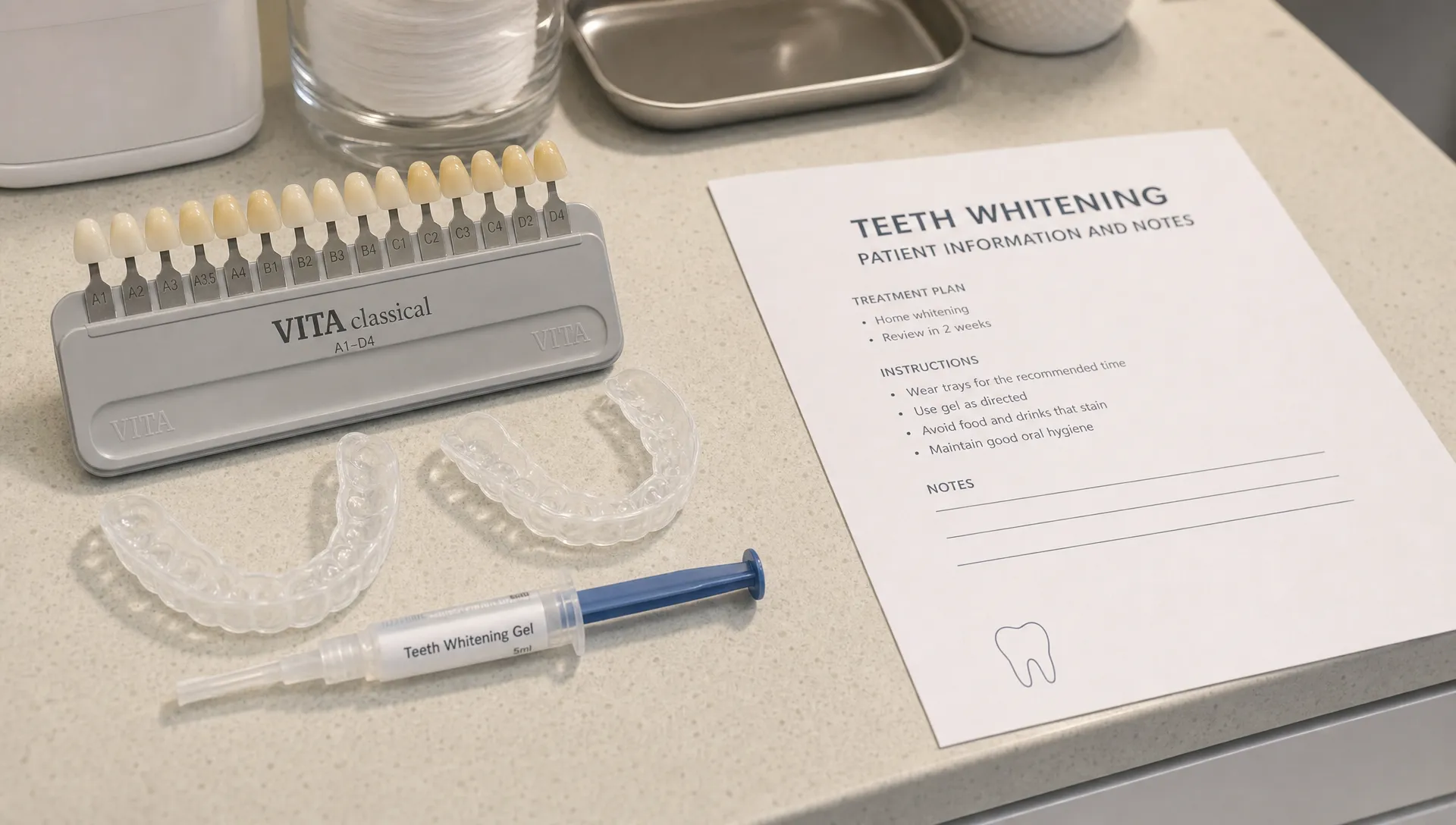 A shade guide, whitening trays and a gel syringe rest on a clinic worktop beside whitening notes.
