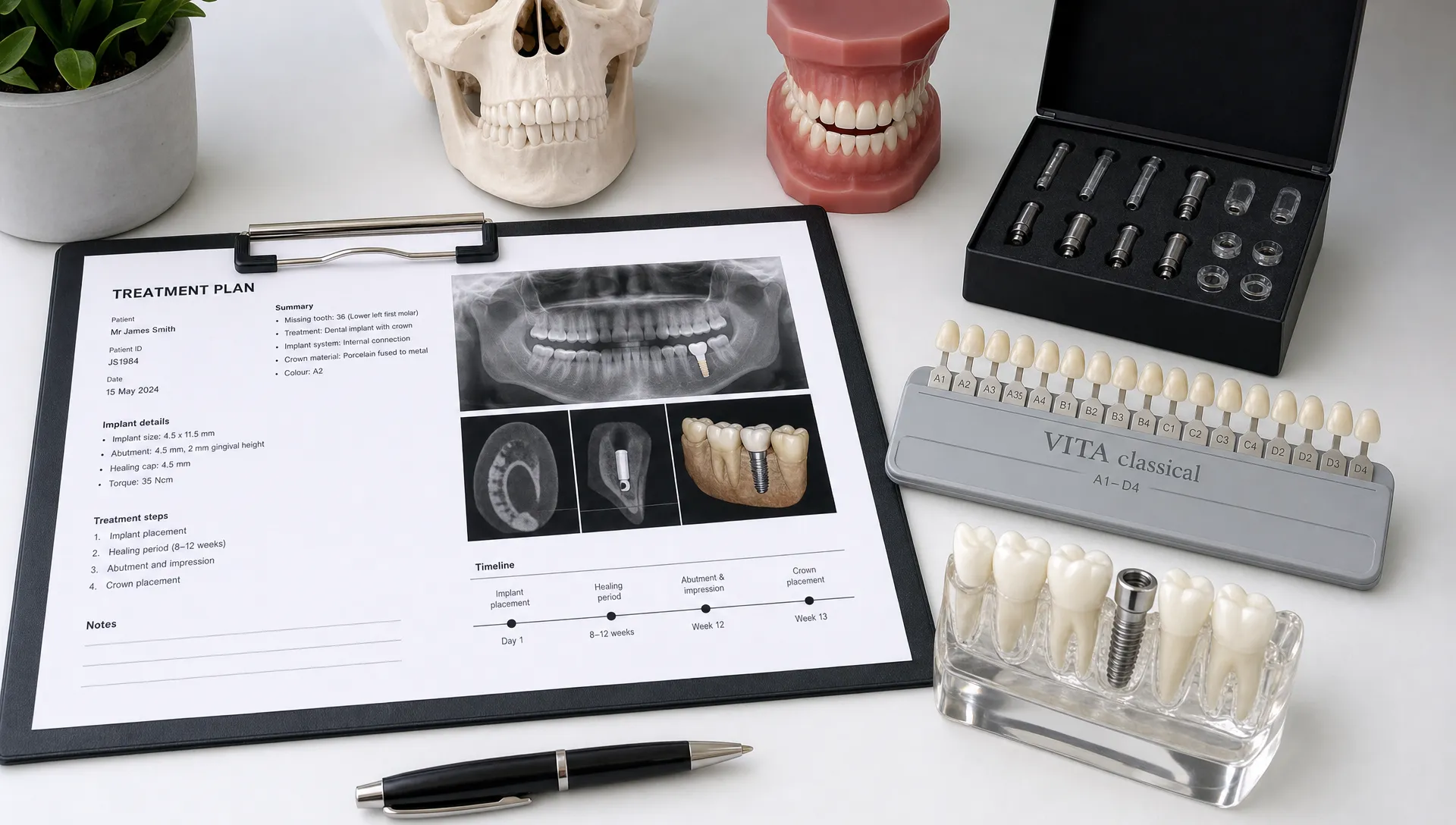 A treatment plan, implant components, tooth shade guides and dental models are laid out on a clean clinic desk.