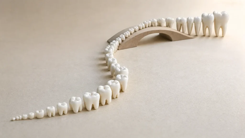 A winding row of tooth icons shows how family dentist care supports children as their teeth grow and change.