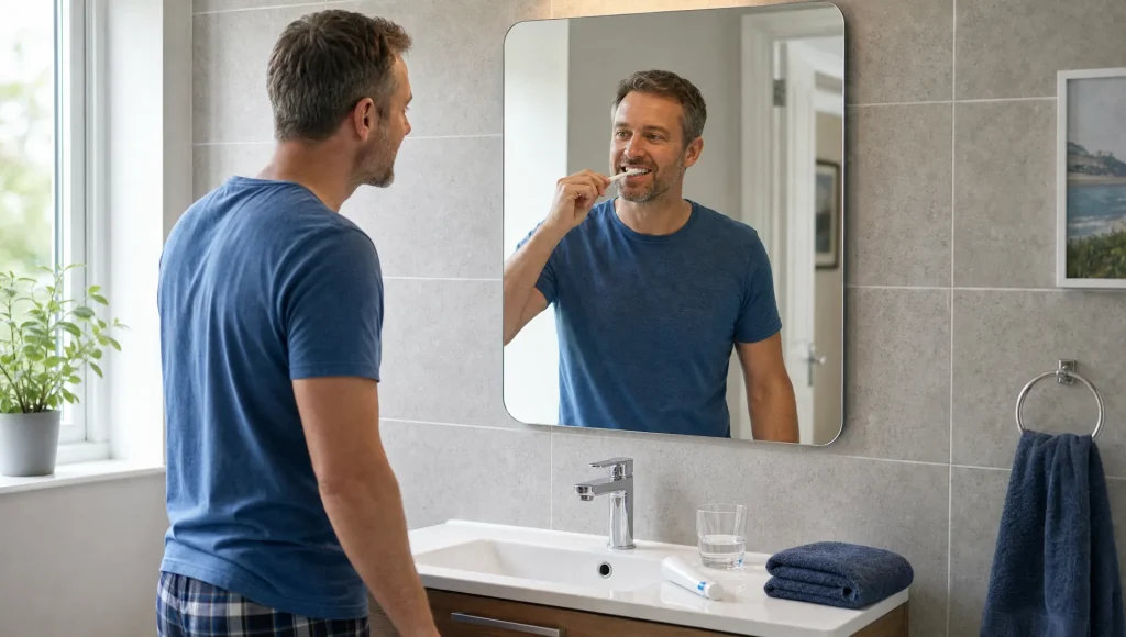An adult follows a dental implant recovery routine while brushing at a bathroom sink.