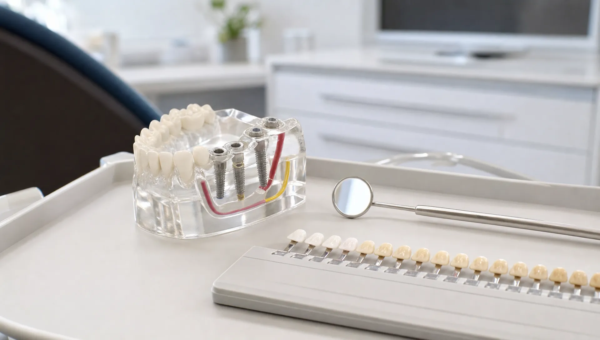 An implant planning model sits beside a dental mirror and shade guide on a tray in a calm treatment room.
