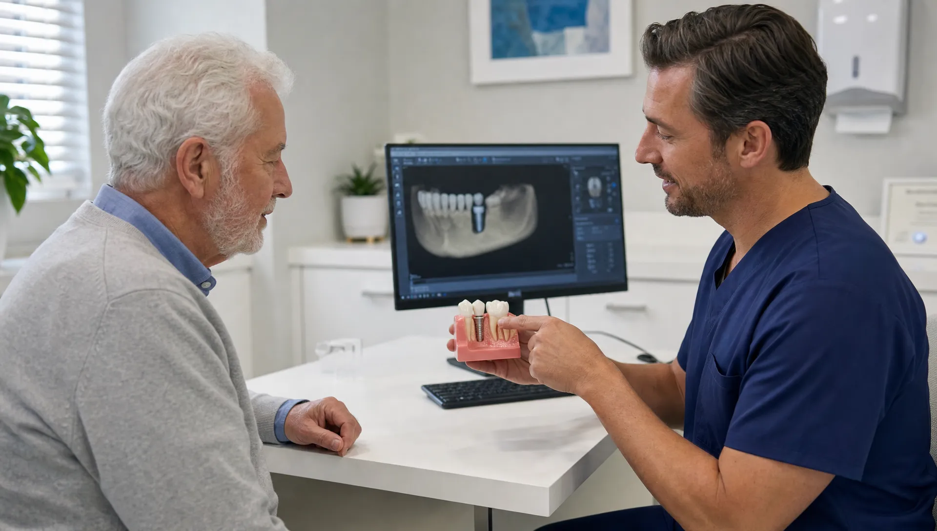 An older adult discusses dental implant options with a dentist beside a mouth model and scan in a calm treatment room.