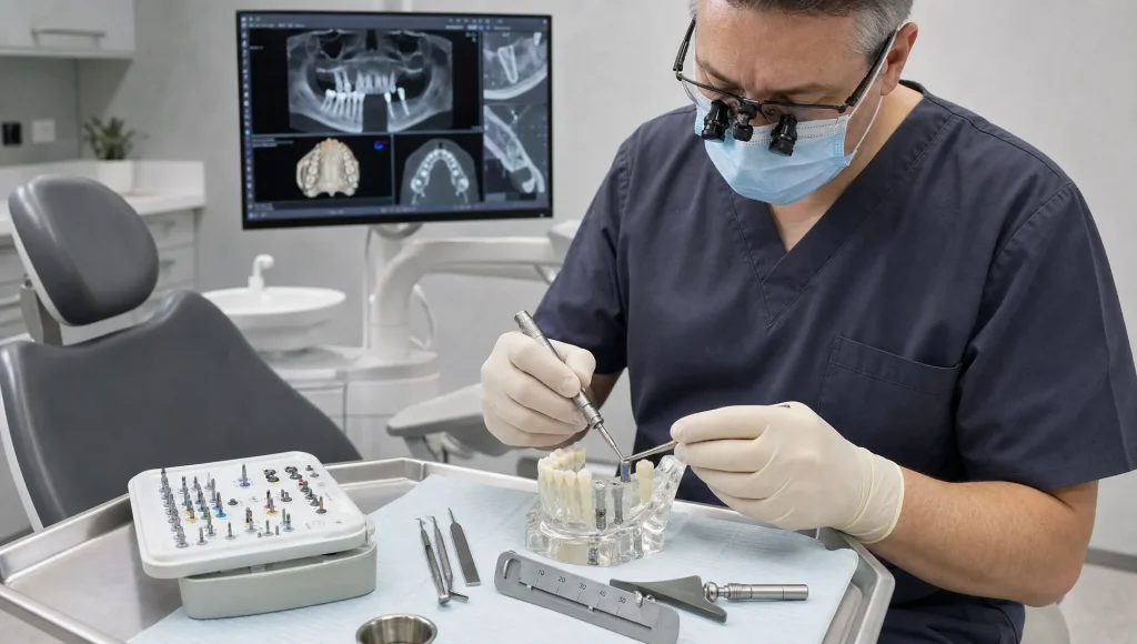 Gloved hands prepare implant tools beside a model jaw in a dental treatment room.