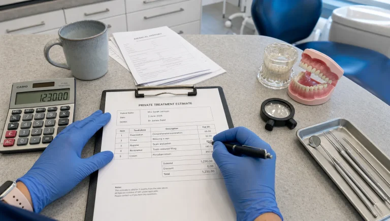 Gloved hands write a private dental estimate on a clipboard beside dental models and forms on a clinic counter.