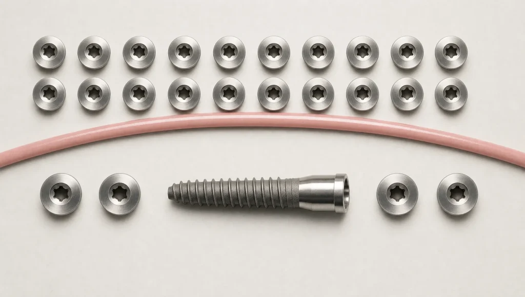 Repeated implant parts and a curved gum line form an abstract pattern about dental implant stability.