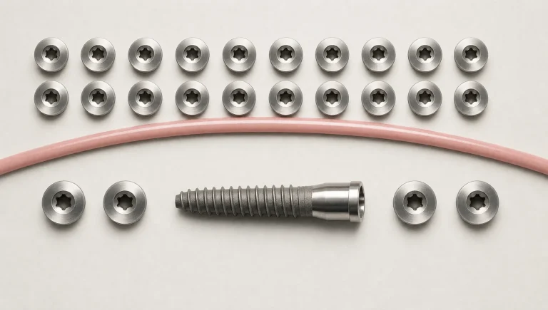 Repeated implant parts and a curved gum line form an abstract pattern about dental implant stability.