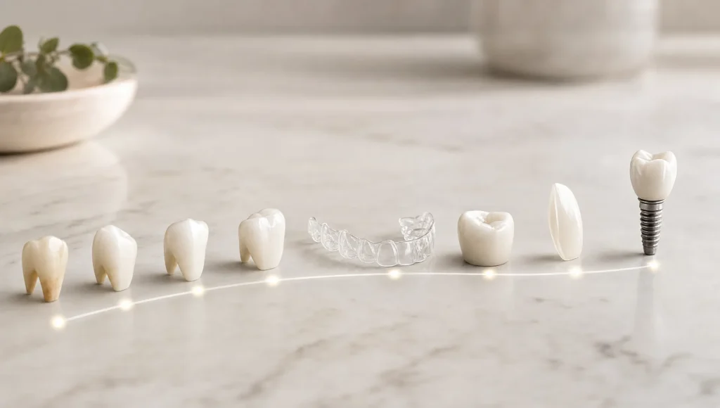Tooth shapes and treatment markers laid out as a path for planning a full mouth smile makeover.