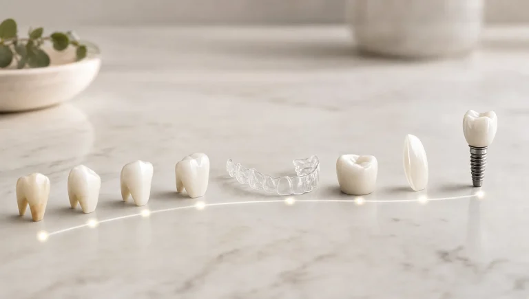 Tooth shapes and treatment markers laid out as a path for planning a full mouth smile makeover.