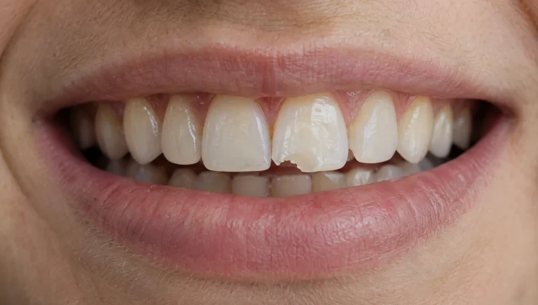 A close view of a chipped upper front tooth shows the broken enamel edge that may be repaired with composite bonding.
