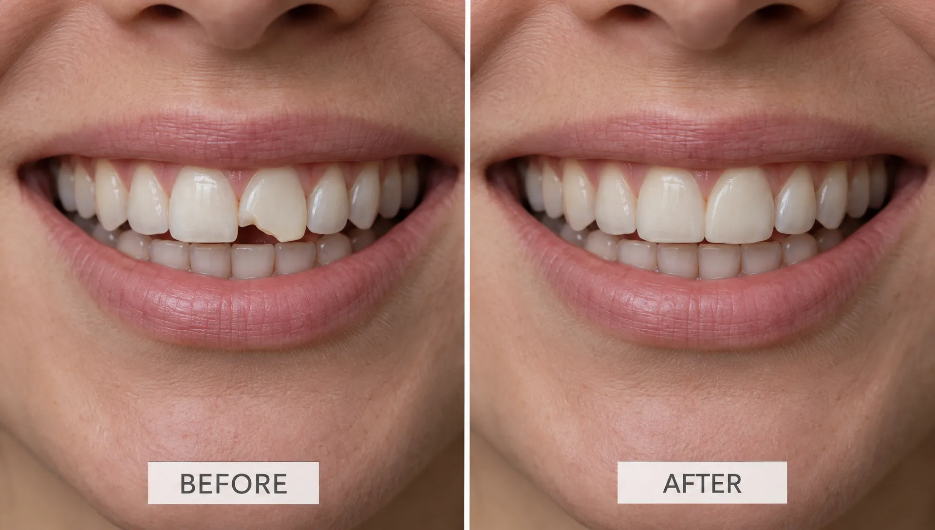 A close view of a natural smile shows a chipped upper front tooth and the same edge restored with tooth-coloured composite bonding.