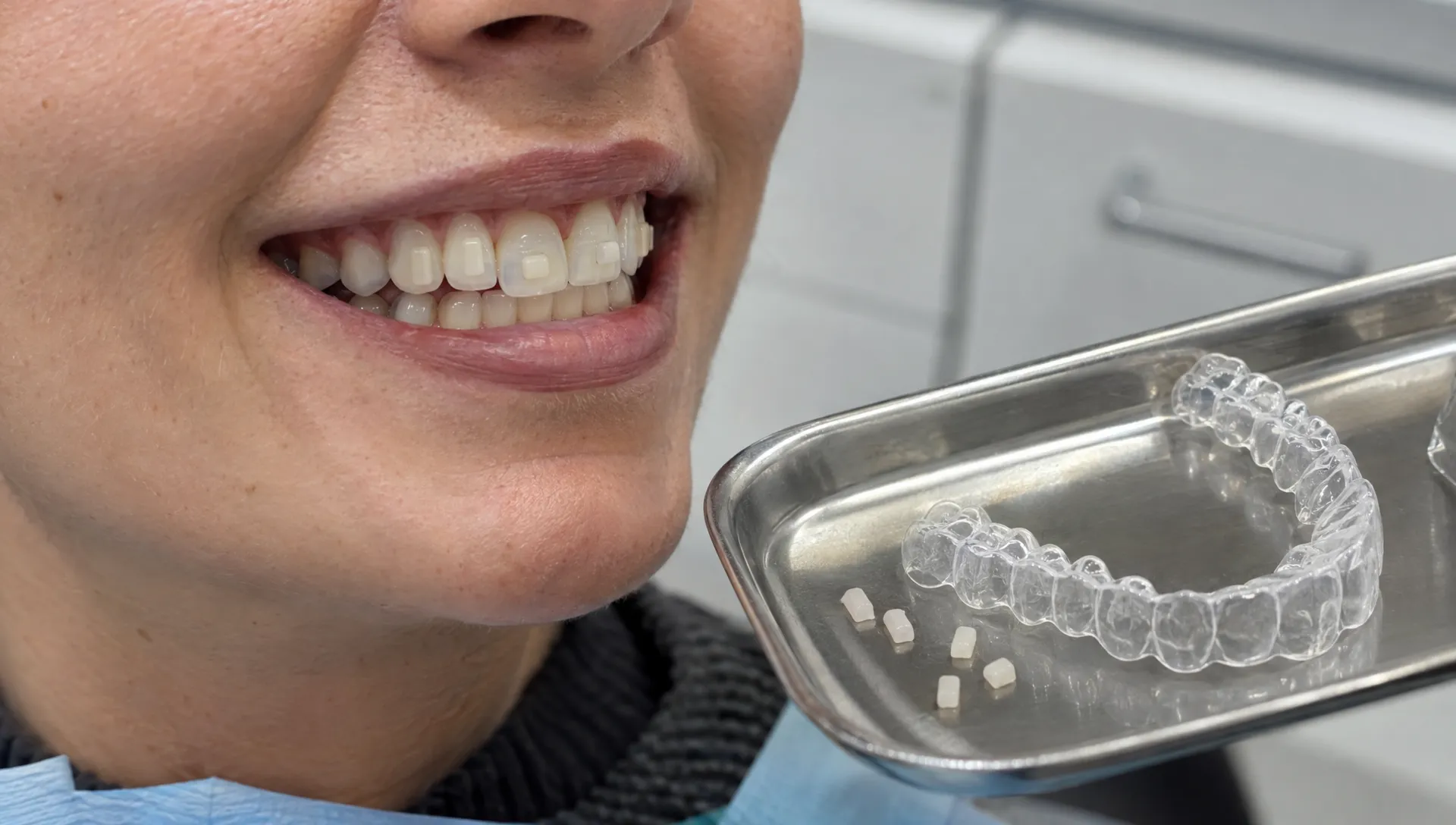 A close view of an adult patient's teeth shows small tooth-coloured Invisalign attachments beside a clear aligner on a dental tray.