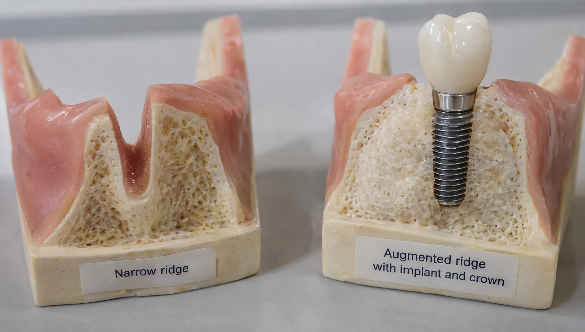 A close view of two jaw models compares a narrow ridge with an augmented ridge carrying an implant and crown.