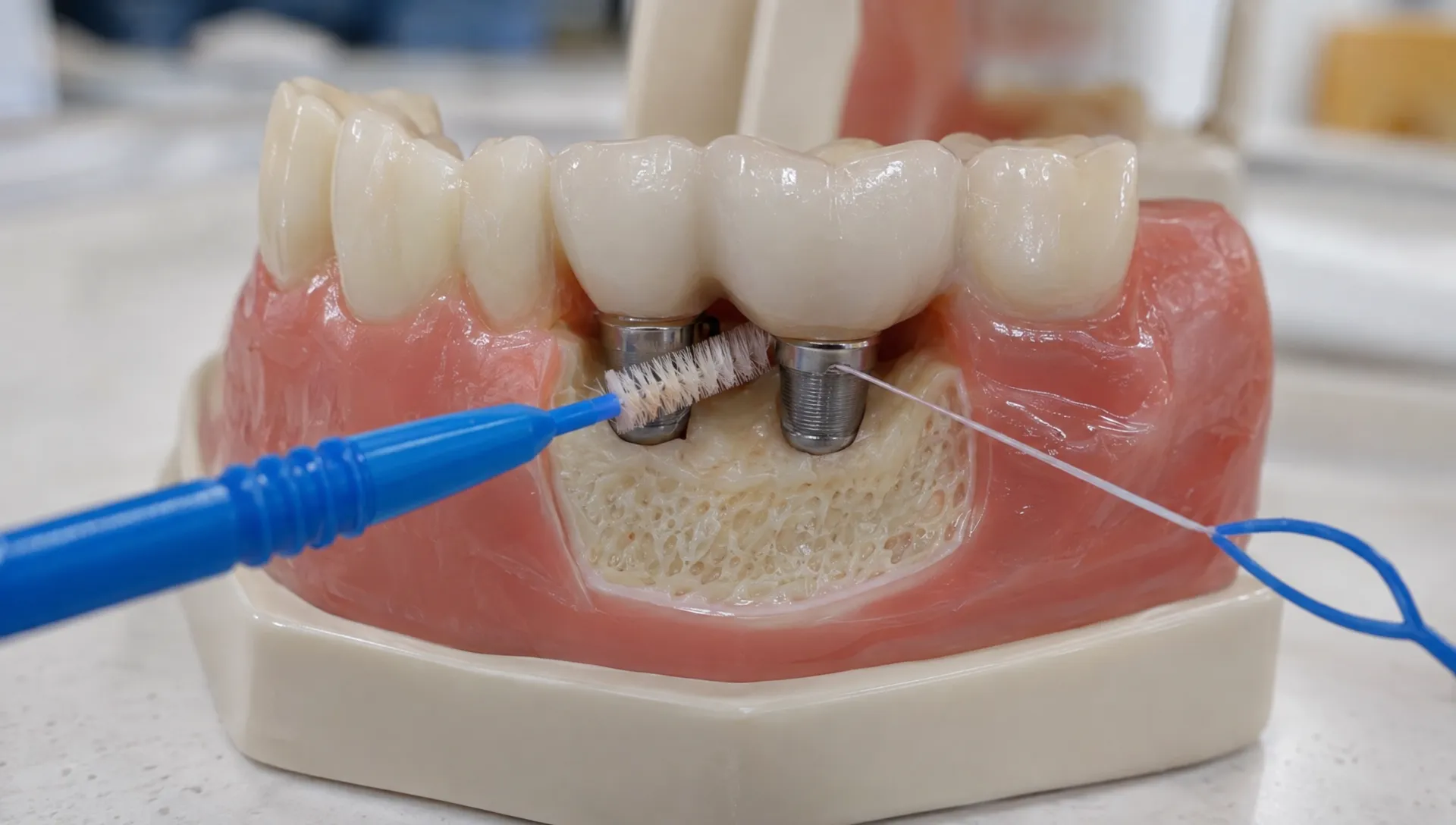 A dental model shows an implant-supported bridge with an interdental brush and floss threader positioned beneath the replacement teeth to demonstrate cleaning access.