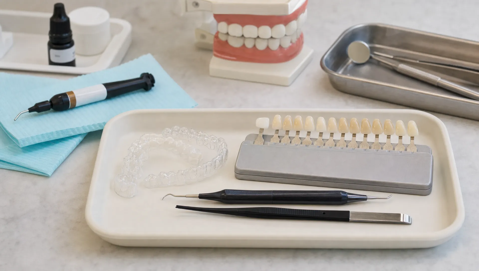 A dental treatment planning tray with clear aligners, a tooth shade guide and composite bonding tools on a clinic work surface.