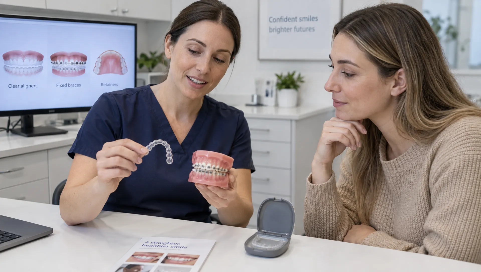 A dentist and adult patient compare a clear aligner, a fixed-brace model and a retainer during an orthodontic consultation.