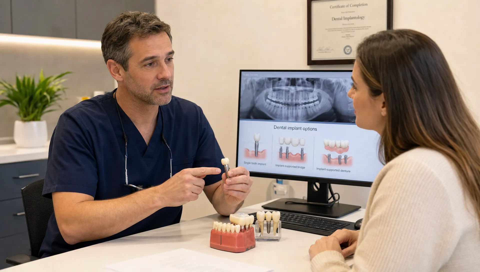 A dentist and patient discuss dental implant options in a calm consultation room with dental models on the desk.