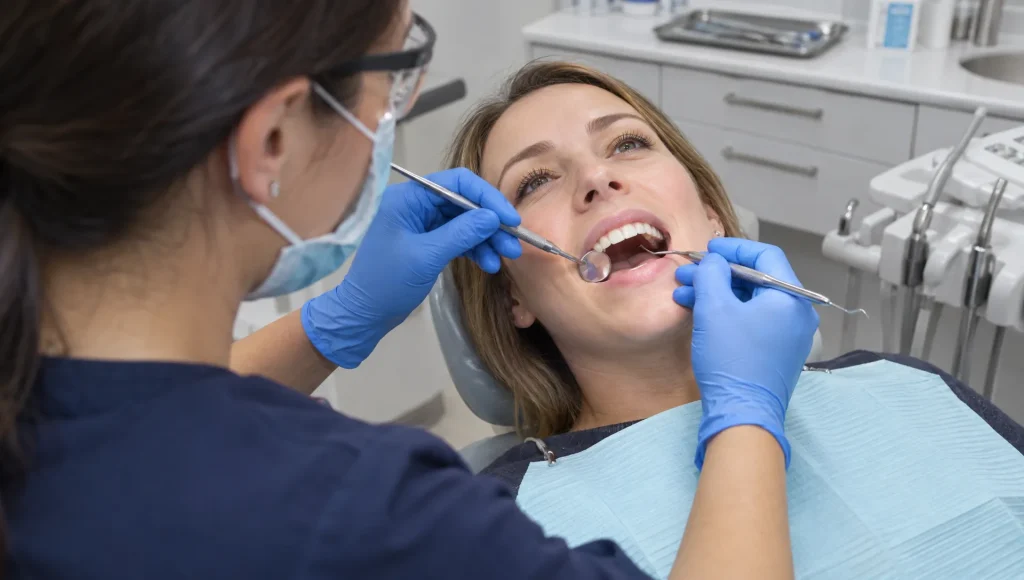 A hygienist carefully cleans around a patient's bonded teeth during a maintenance visit.