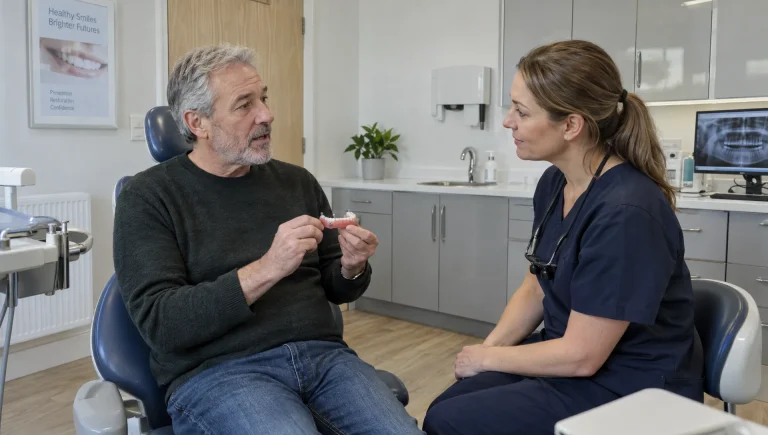 A patient and dentist discuss a removable denture retained by implants as an option for replacing several missing teeth.