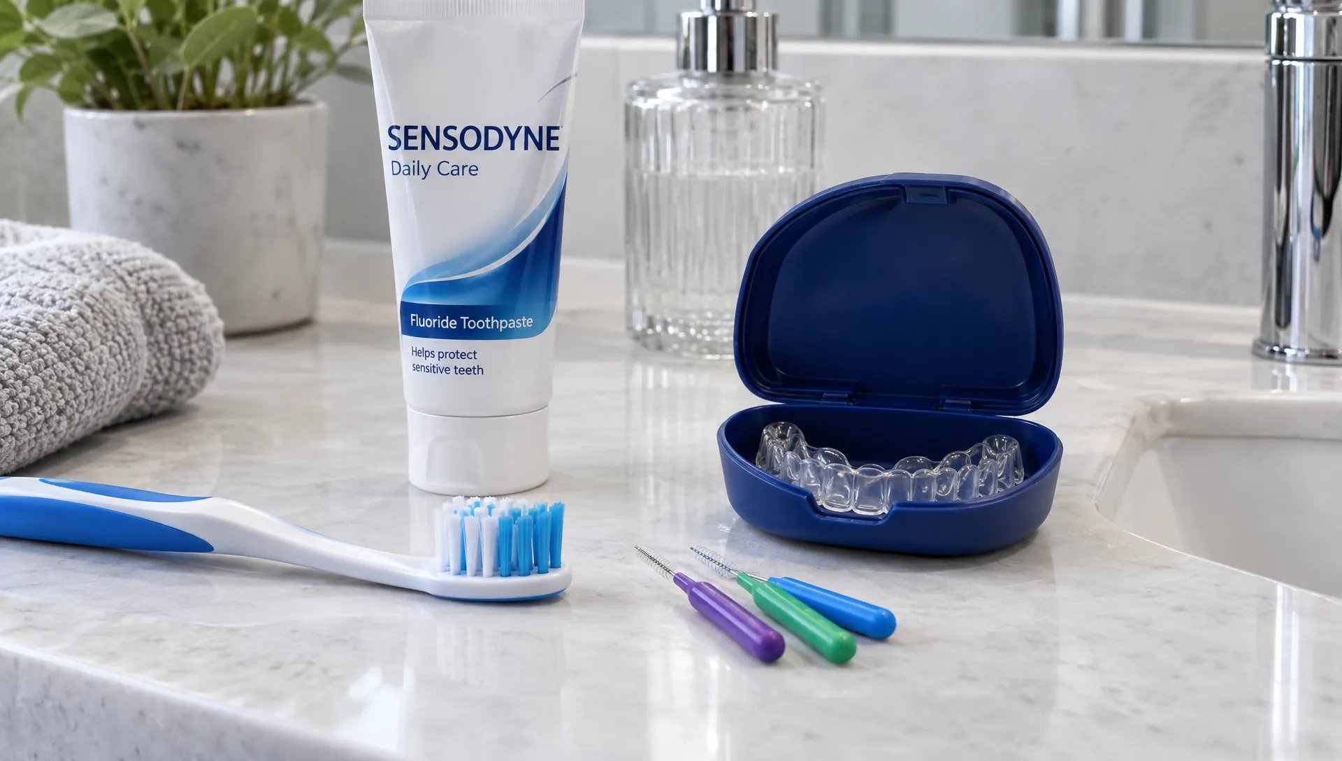 A soft-bristled toothbrush, fluoride toothpaste, interdental brushes and an open night guard case sit on a bathroom counter for composite bonding aftercare.