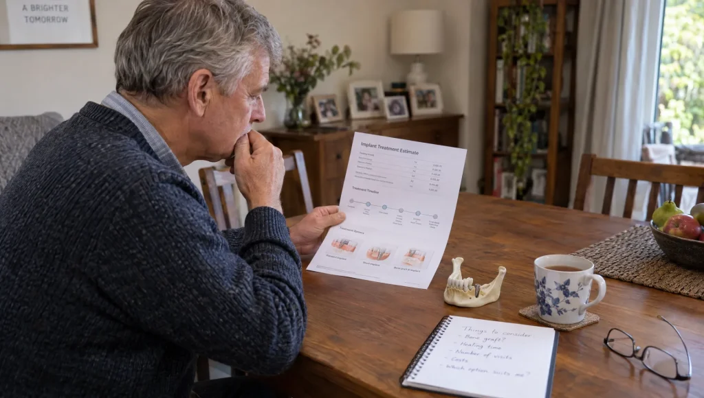 An adult reviews an implant treatment estimate beside a jaw model at home while considering options for thin bone.