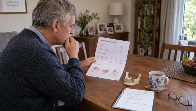 An adult reviews an implant treatment estimate beside a jaw model at home while considering options for thin bone.