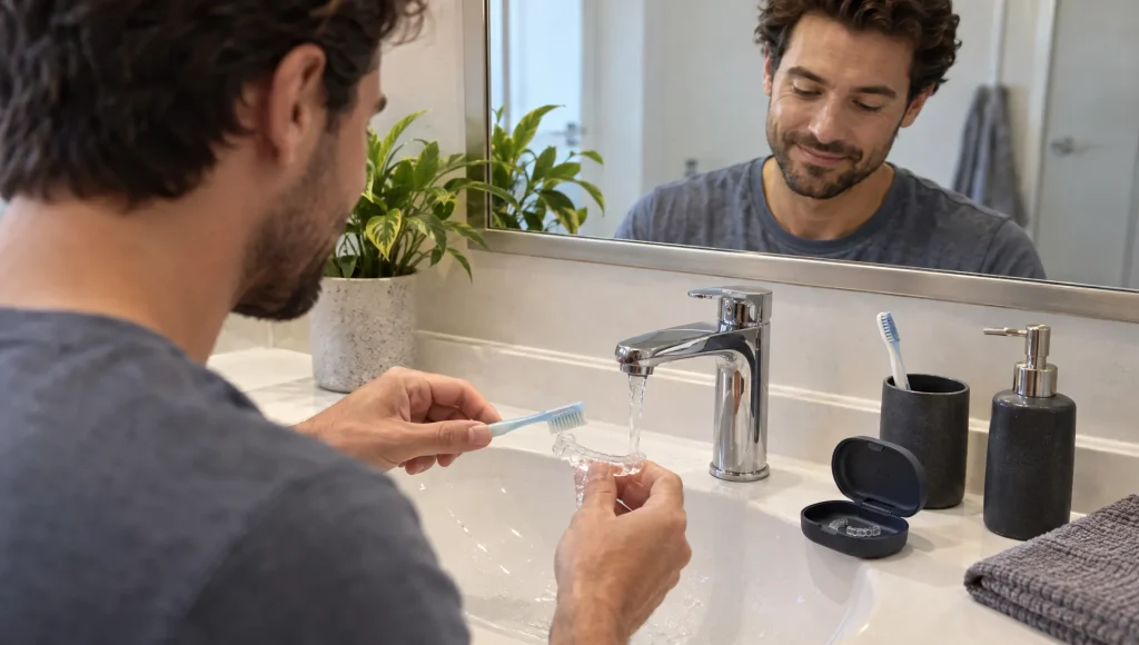 An adult rinses a clear aligner at a bathroom basin, with its case and toothbrush nearby as part of daily orthodontic care.