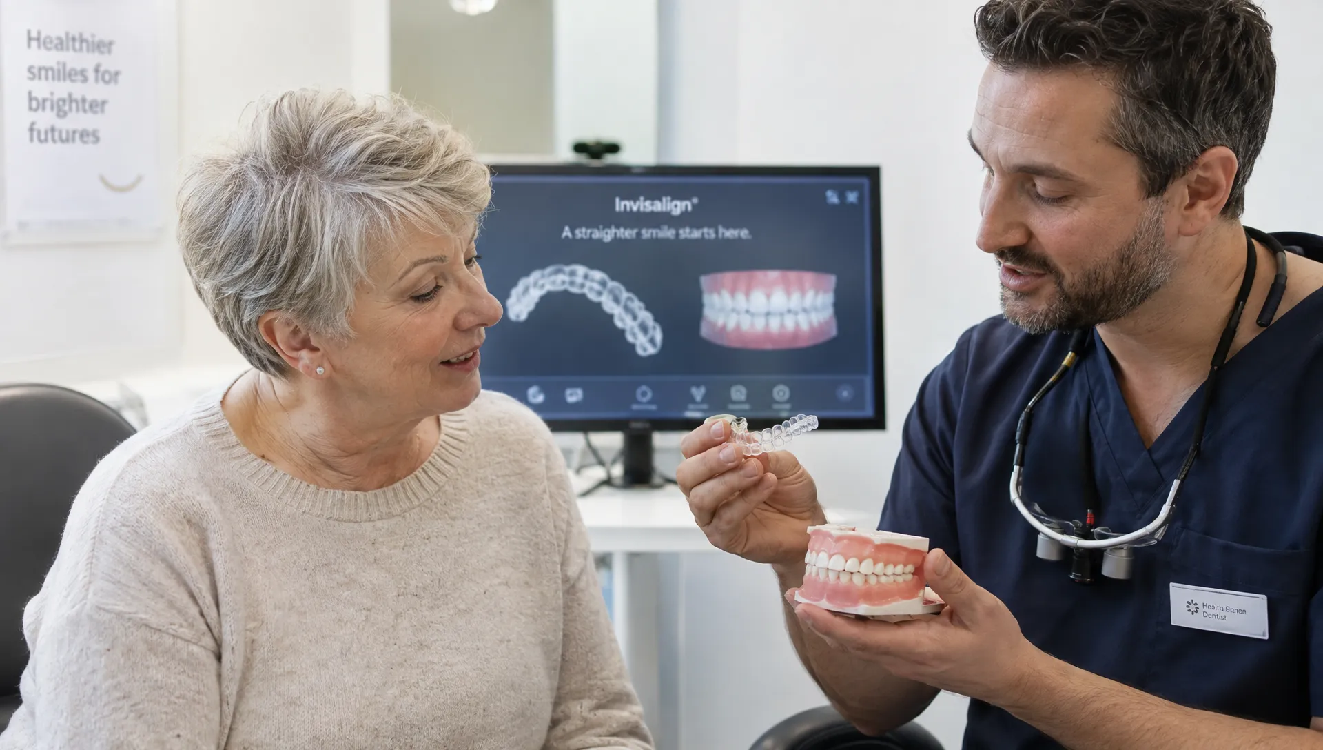 An older adult and dentist review a clear Invisalign aligner and dental model during a consultation about suitability for teeth straightening.